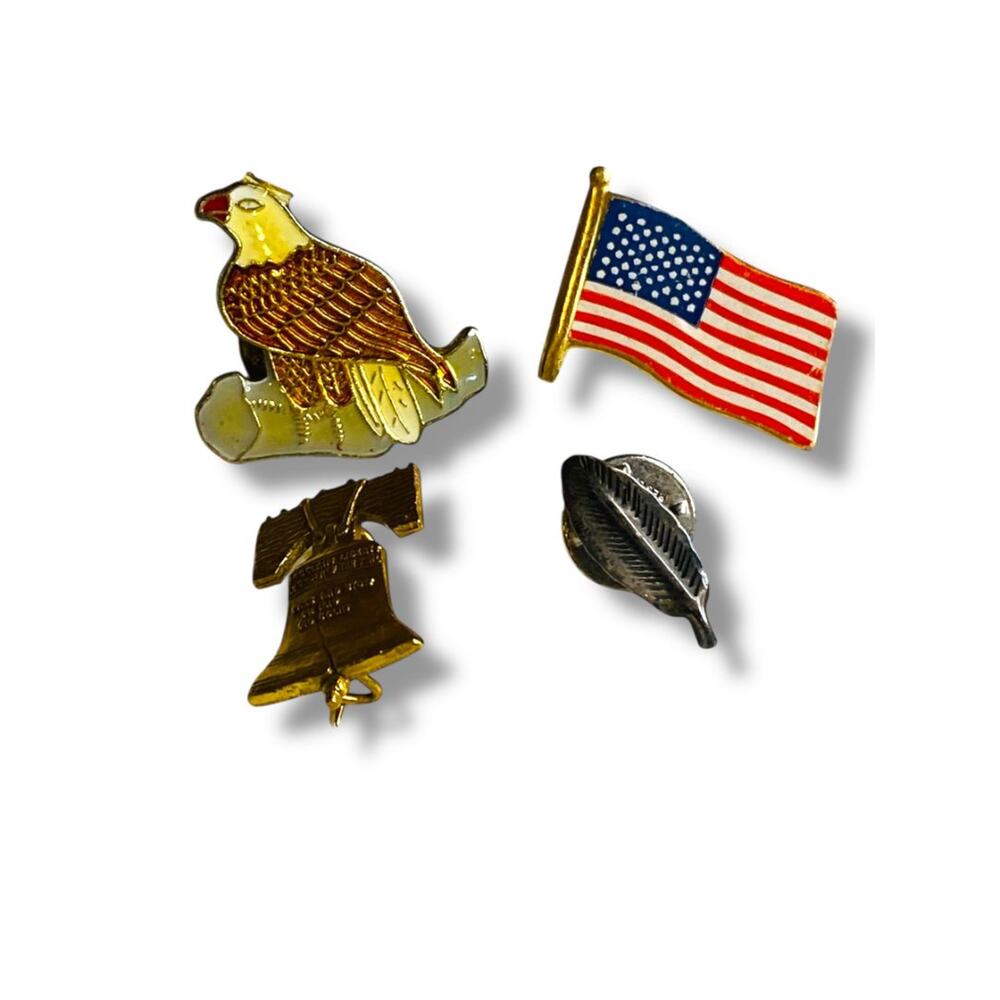 Lot of 4 Vintage Lapel Pins .75" Eagle Flag Liberty Bell Feather Assorted